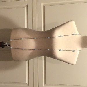 LONG PALE BLUE GEMSTONE & SILVERY CRYSTAL NECKLACE